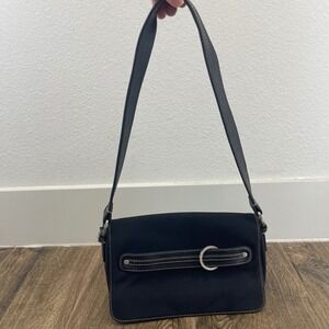 Y2K Cole Haan Shoulder Bag Black Canvas Leather Silver Small‎ Magnet Pockets
